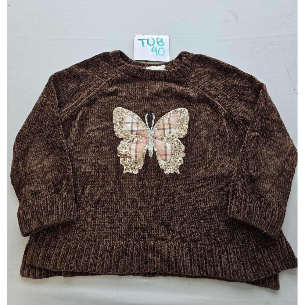 Girls Brown Chenille Butterfly Plaid Sequin Sweater Size 8 Raglan Pullover